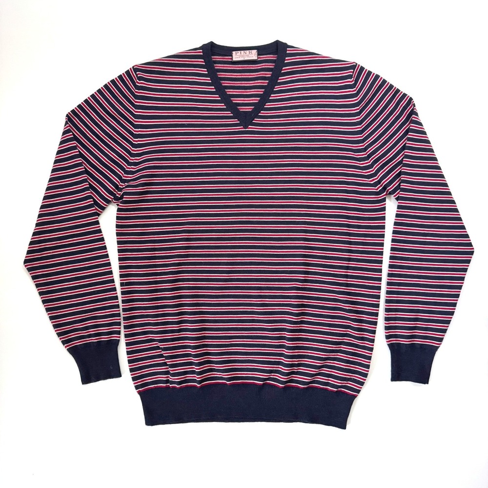 Thomas Pink V-Neck Sweater Mens Navy Red Striped 100% Merino Wool Italy Size‎ M